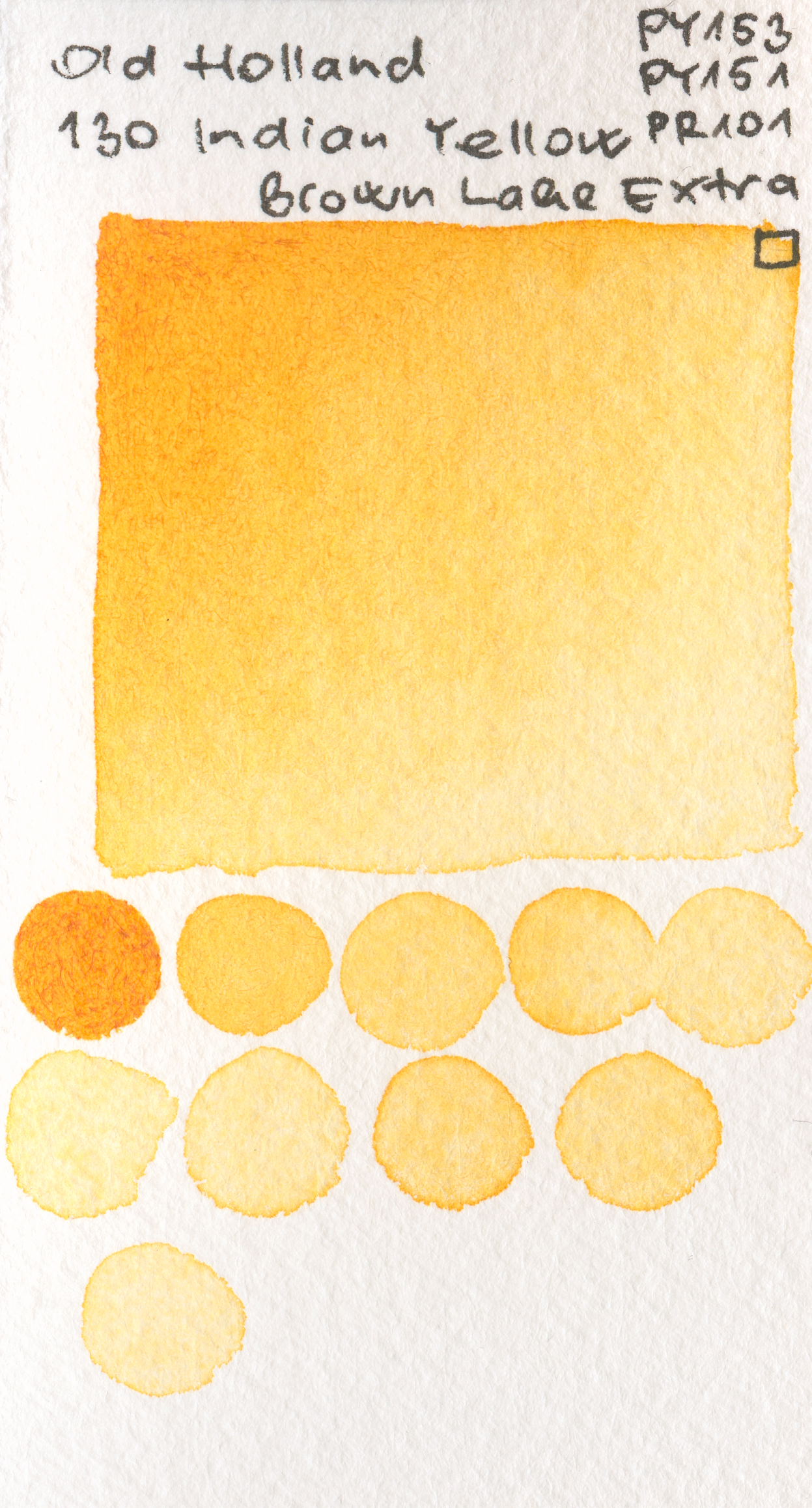 Old Holland Classic Watercolours 130 Indian Yellow Brown Lake Extra PY153, PY151, PR101 watercolor swatch