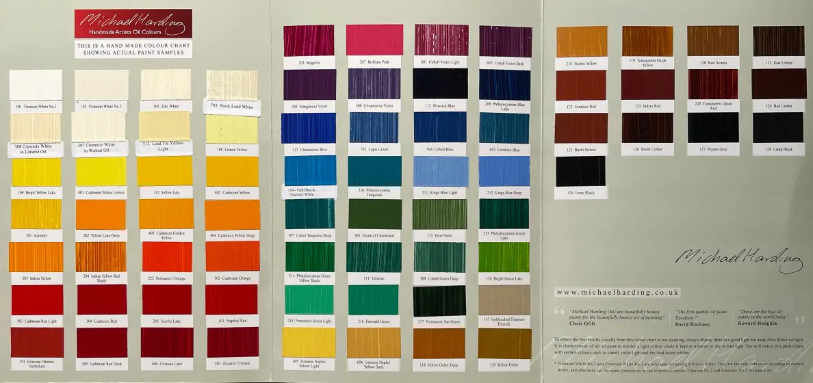 Michael Harding Artists' Oil Colours Chart, swatches